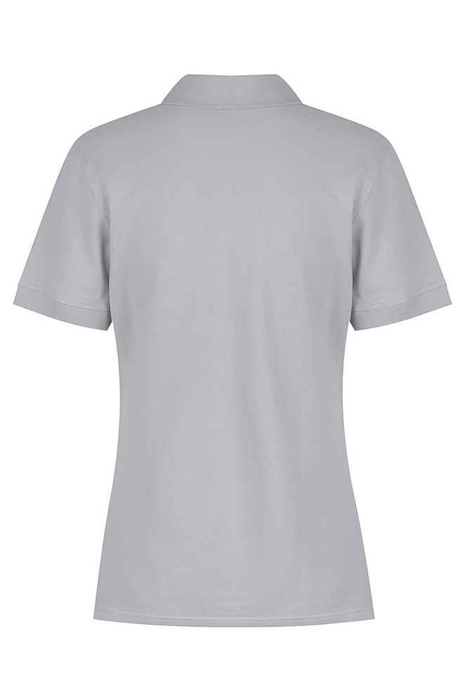 A light grey polo shirt for women with a collar and short sleeves, featuring a logo on the back.