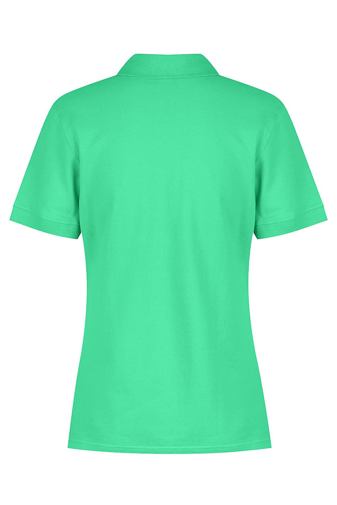 A green polo shirt with a classic collar and short sleeves, featuring a logo on the back.