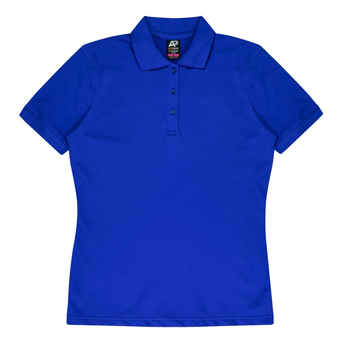 A blue polo shirt featuring a classic collar and three-button placket, with a logo on the label.
