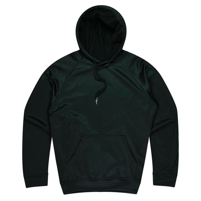 A dark green men's hoodie featuring a front pocket and a drawstring hood. It has a logo on the front.