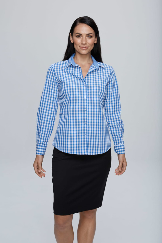 A long-sleeve button-up shirt in blue and white checkered pattern, displayed on a model. The shirt features a logo.
