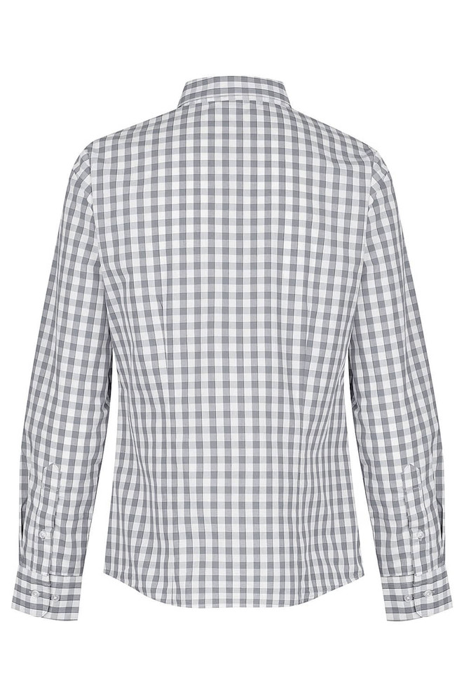 A long sleeve button-up shirt in a grey and white check pattern, featuring a collar and cuff detailing.