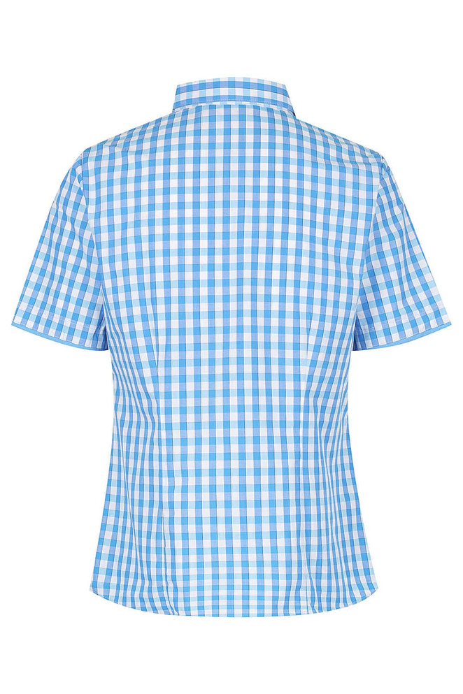 A short-sleeved button-up shirt in blue and white check pattern, featuring a classic collar and a logo.
