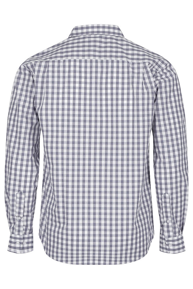 A long-sleeve button-up men's shirt featuring a navy and white checked pattern, with a rear view design.