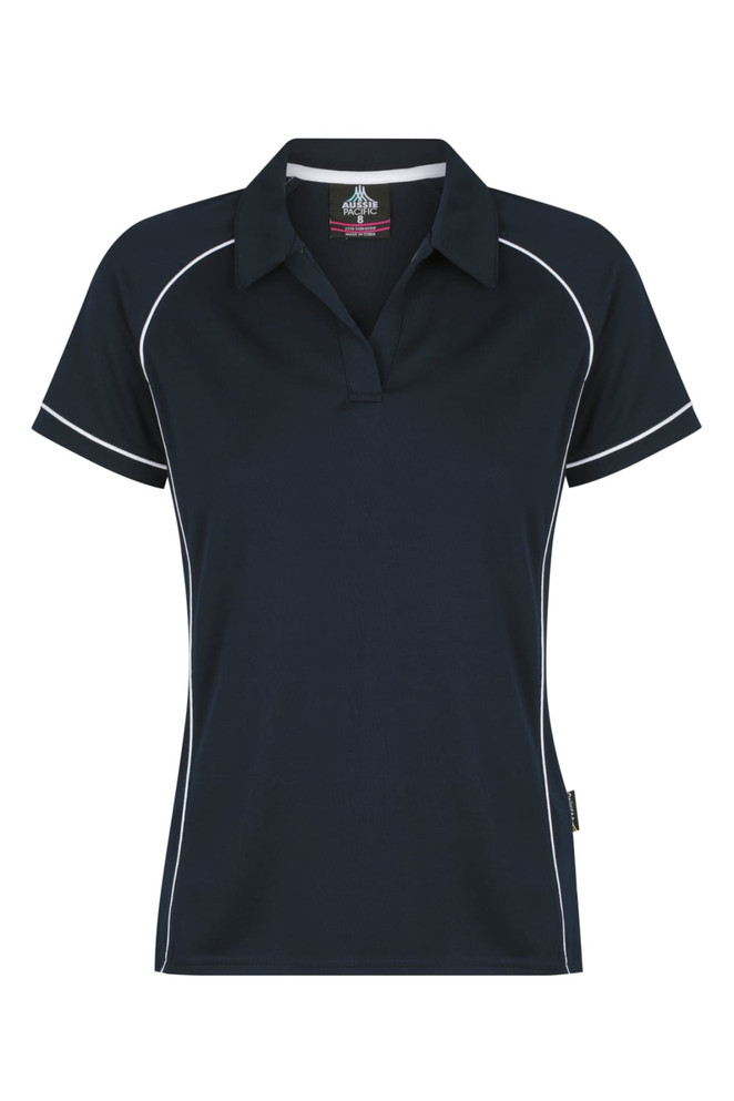 A navy polo shirt with white piping and a branded logo on the chest.
