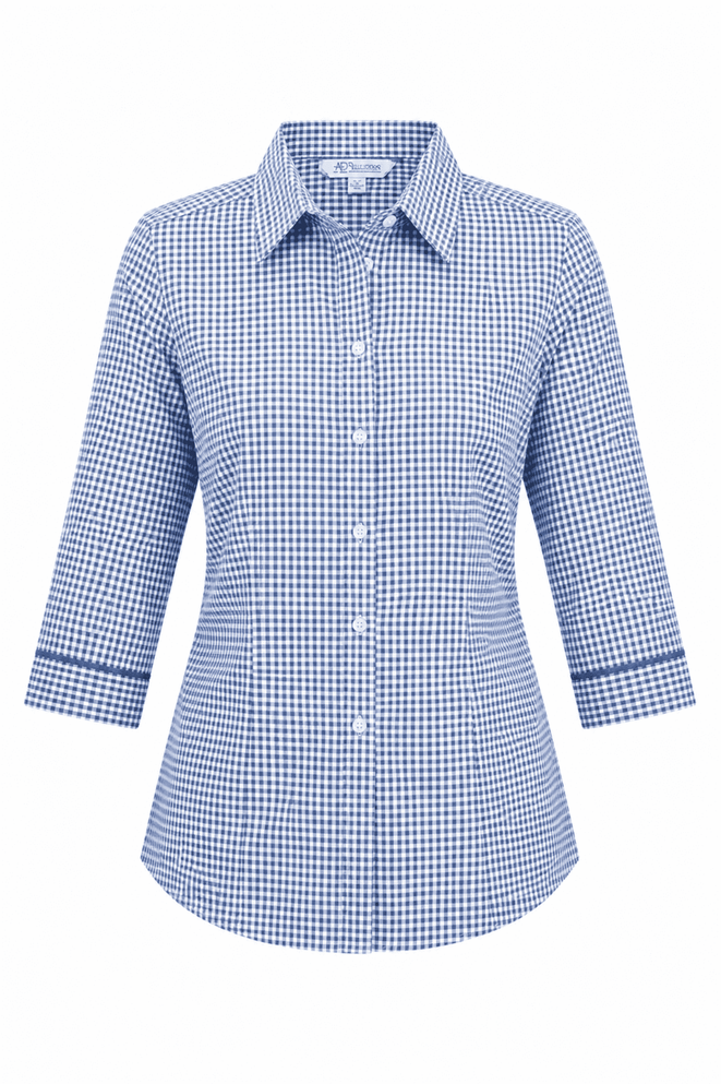 A blue and white checked button-up shirt with 3/4 sleeves and a collar, featuring branding.