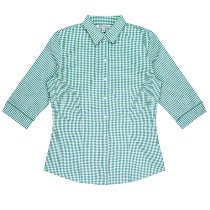 A 3/4 sleeve button-up shirt in a green and white gingham pattern, featuring a collar and a logo.