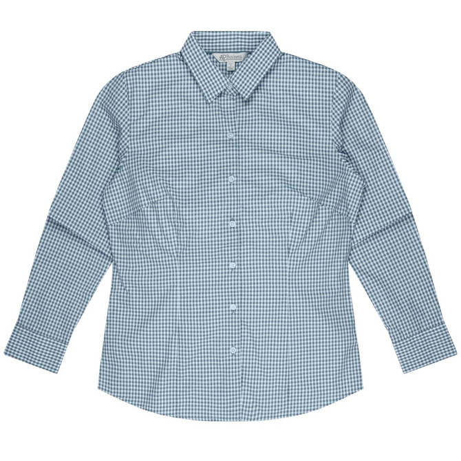 A long sleeve button-up shirt in a green and white gingham pattern with a subtle logo.