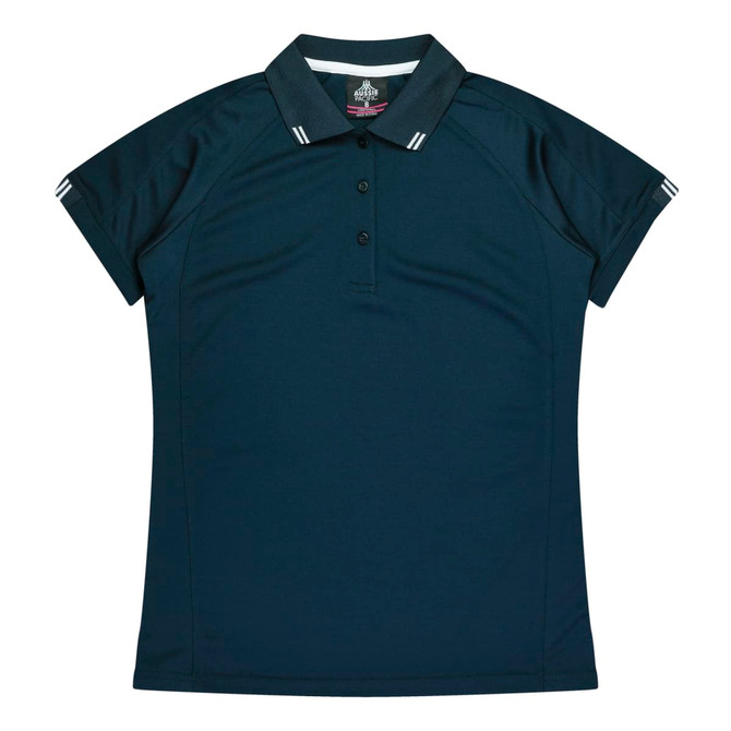 A navy blue polo shirt for women featuring a collar, buttons, and a branding logo.