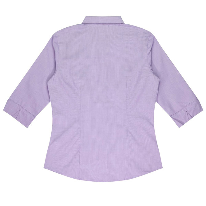 A lilac button-up shirt with 3/4 sleeves and a classic collar, featuring a stitched design and an unembellished back.