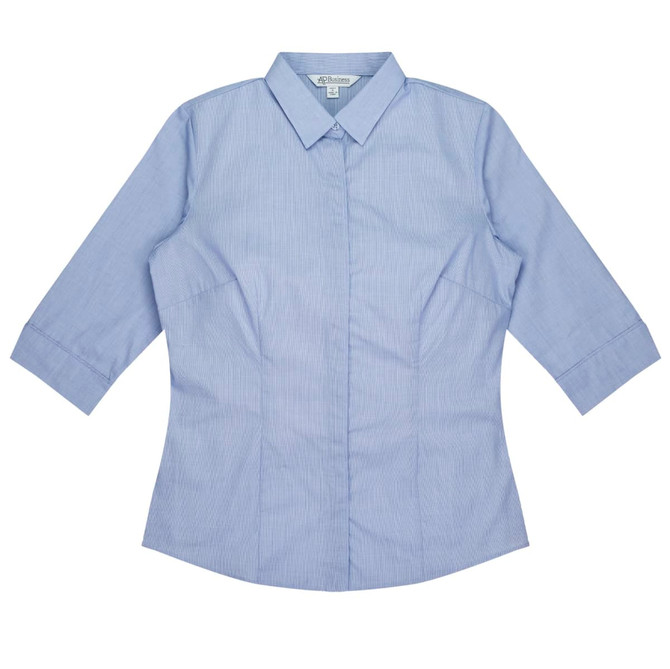 A light blue button-up shirt with 3/4 sleeves and a collar, featuring a fitted design and branding.