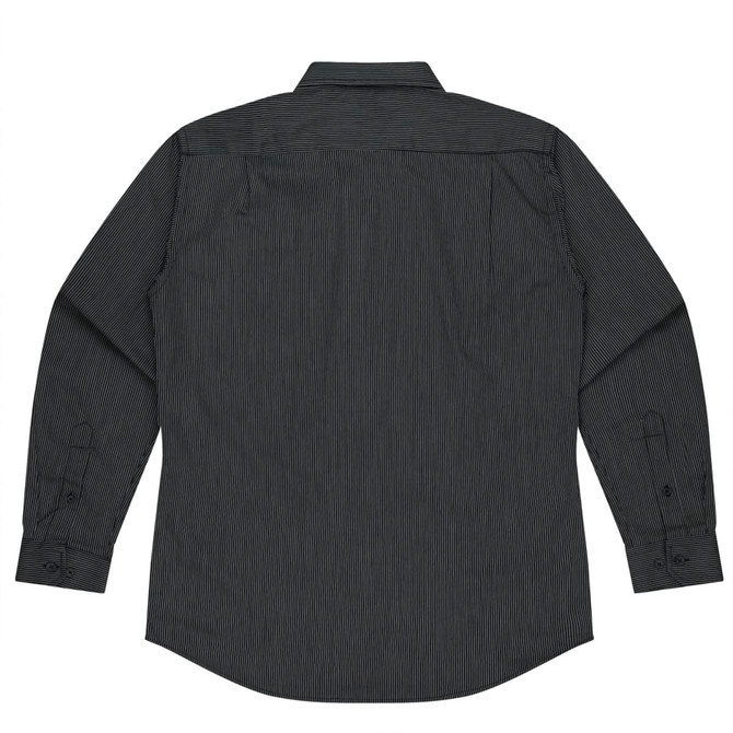 A long-sleeve button-up shirt in dark green with a striped pattern, featuring a collar and button cuffs.