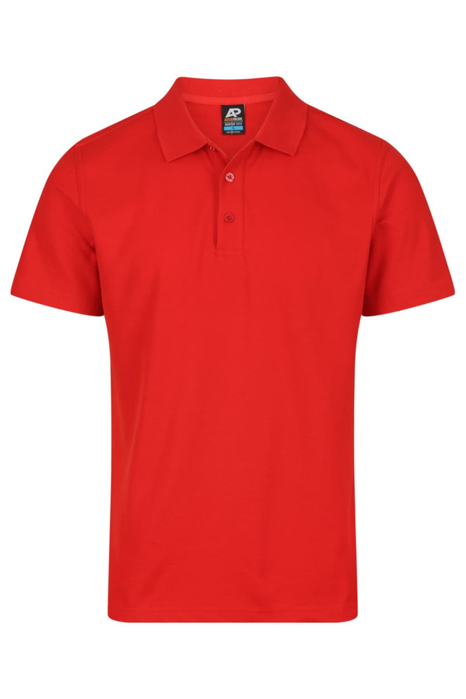 A red polo shirt with a collar, short sleeves, and a branding logo on the label.