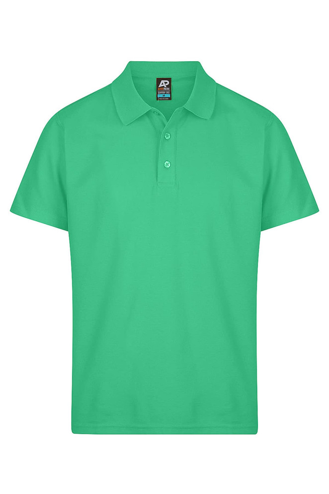 A green polo shirt with a collar and three buttons, featuring a logo in the neck area.