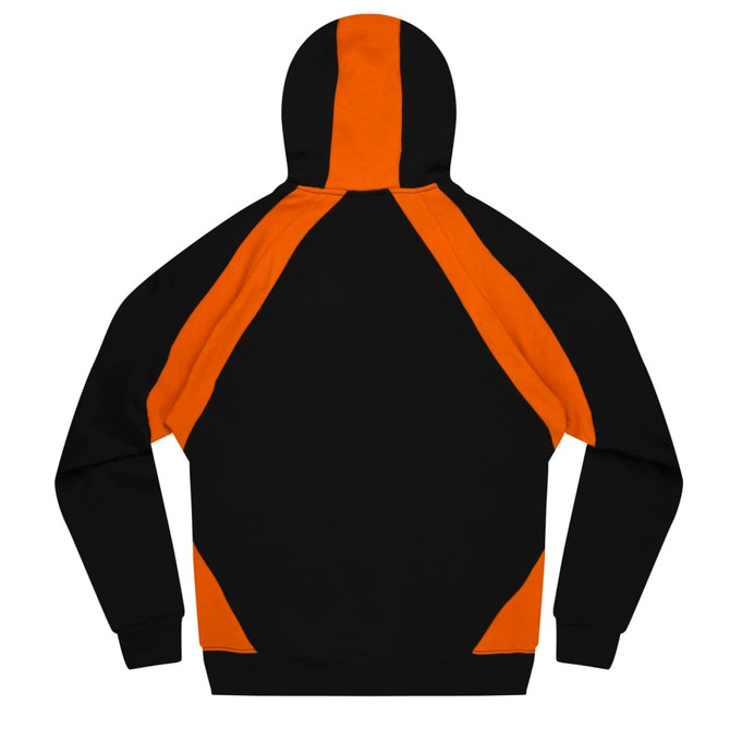 A black and orange hoodie featuring a contrasting design with raglan sleeves and a hood. It has a logo on the front.