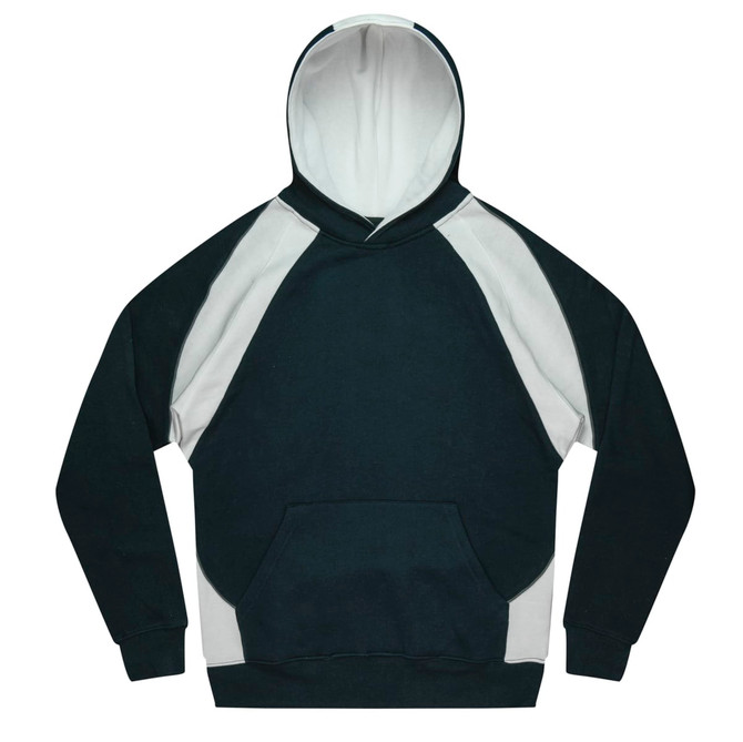 A green and white Huxley kids hoodie with a front pocket and a large hood. Features panel detailing and a logo.