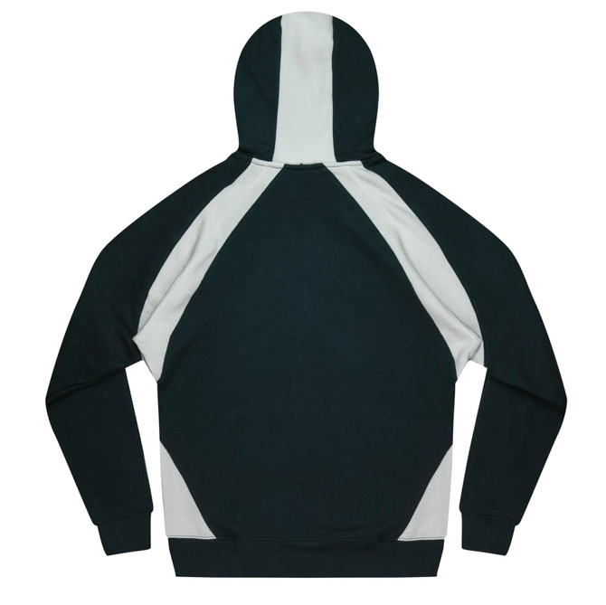 A green and grey hoodie featuring a distinctive colour-block design and a hood, with a logo on it.