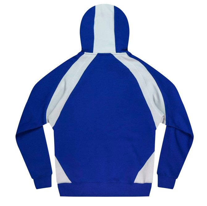 A blue and light blue hoodie featuring a kangaroo pocket and a hood, with contrasting panels on the back.