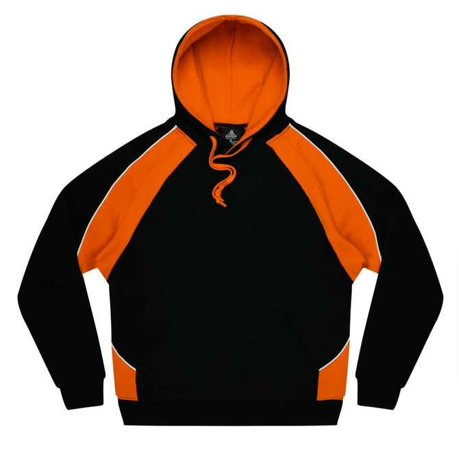 A black hoodie with orange accents and a kangaroo pocket. It features a drawstring hood and contrasting trim.