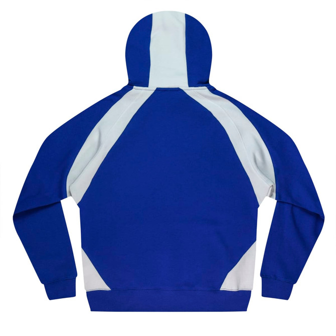 A blue and white HUXLEY men's hoodie featuring a hood and contrasting panel design on the back.