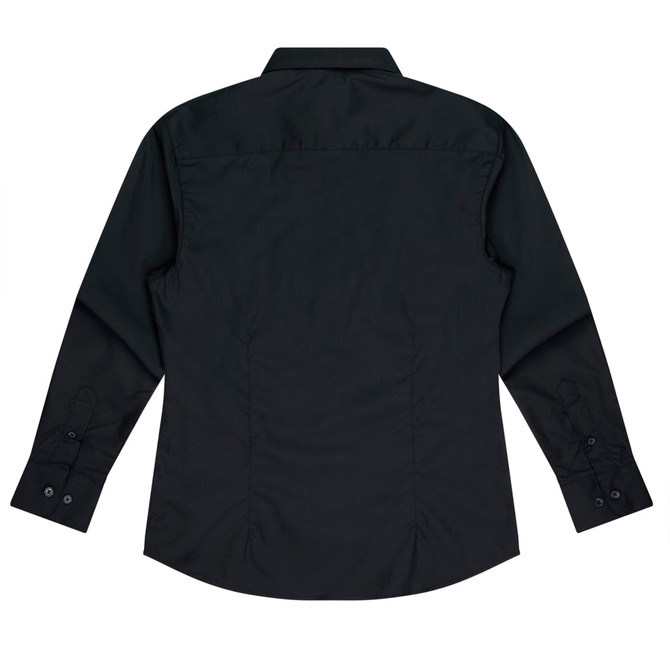 A black button-up shirt with long sleeves and a plain back design, featuring a logo on the label.