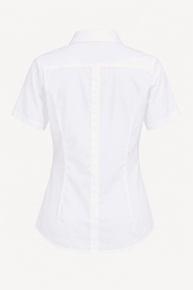 A white short sleeve button-up shirt with a fitted design and a back yoke detail. It features a logo branding.