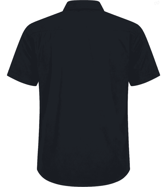 A short sleeve button-up shirt in black, featuring a collar and a simple design. It has a logo on the back.