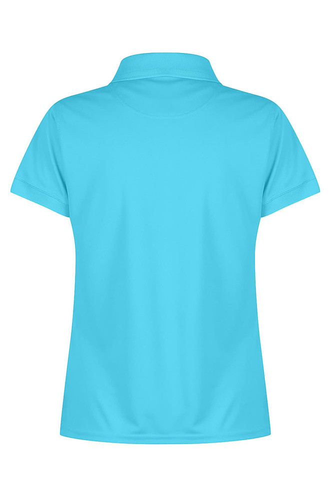 A turquoise polo shirt with a collar and short sleeves, featuring a logo on the back.