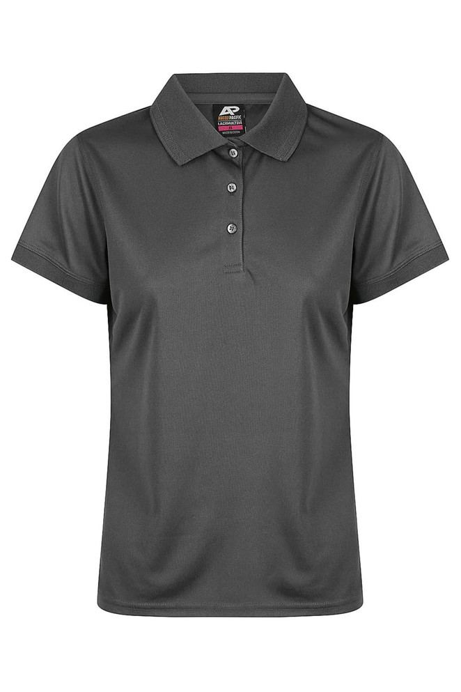 A grey women's polo shirt featuring a classic collar and buttons, complete with a logo.