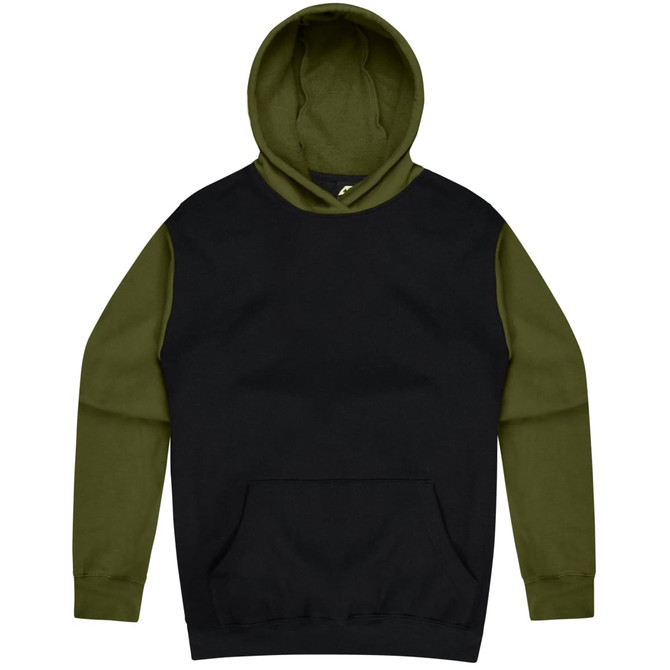 A black and olive green hoodie featuring a kangaroo pocket and a hood. It has a logo on the front.