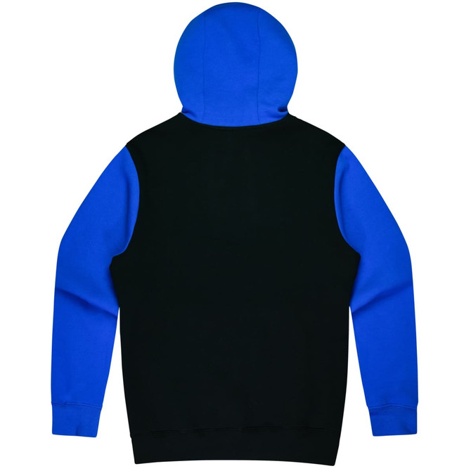 A hoodie featuring a blue hood and sleeves with a black body, designed for kids. It has a logo on the back.
