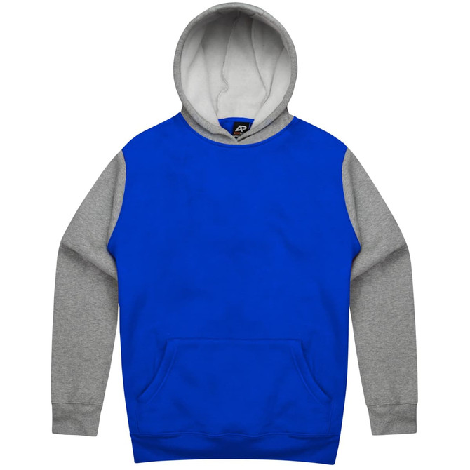 A blue and grey hoodie featuring a front pocket and a hood, with a logo on the inside.