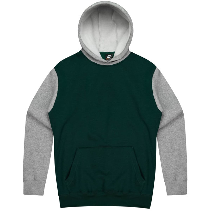 A hooded jumper featuring a dark green body with light grey sleeves and a front pocket. It has a logo on the neckline.