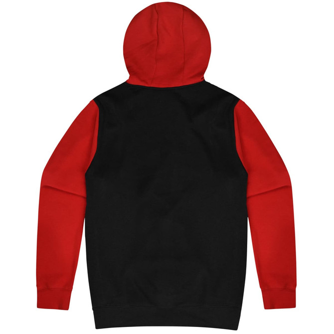 A black hoodie with red sleeves and a red hood, featuring a logo on the back.
