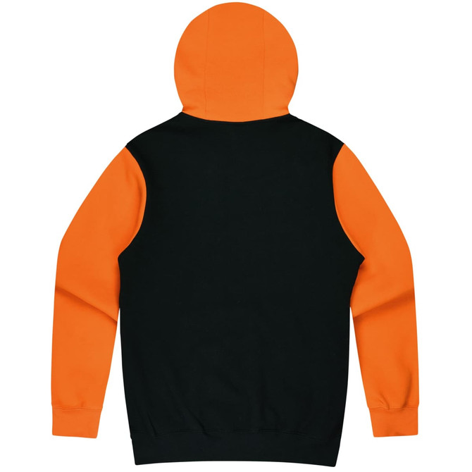 A black hoodie with an orange hood and sleeves, featuring a logo on the back.