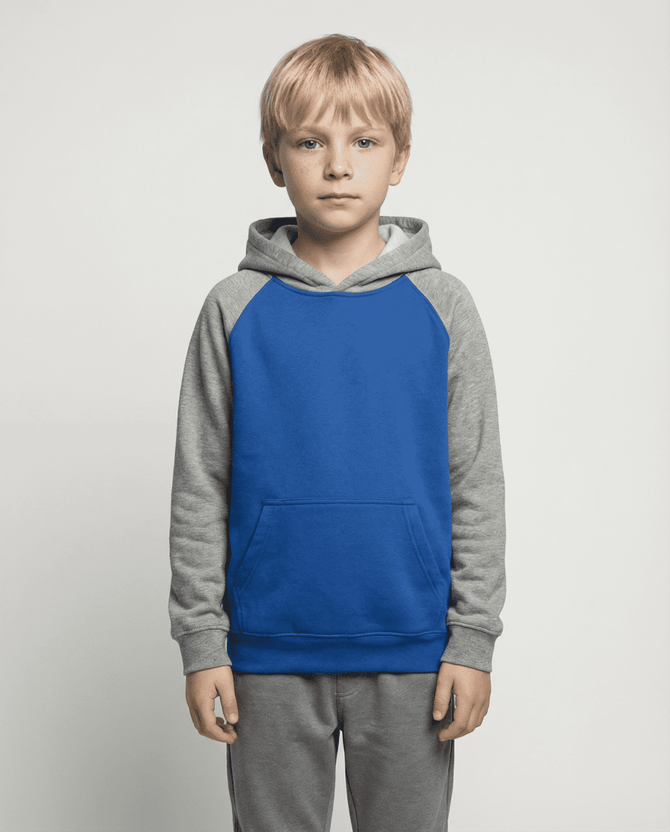 A blue and grey hoodie featuring a front pocket, designed for kids, displayed on a young model.
