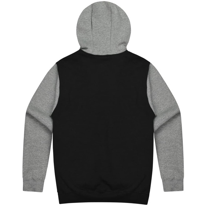 A hoodie featuring a black body and grey sleeves, with a kangaroo pocket and a hood. It has a logo on the front.