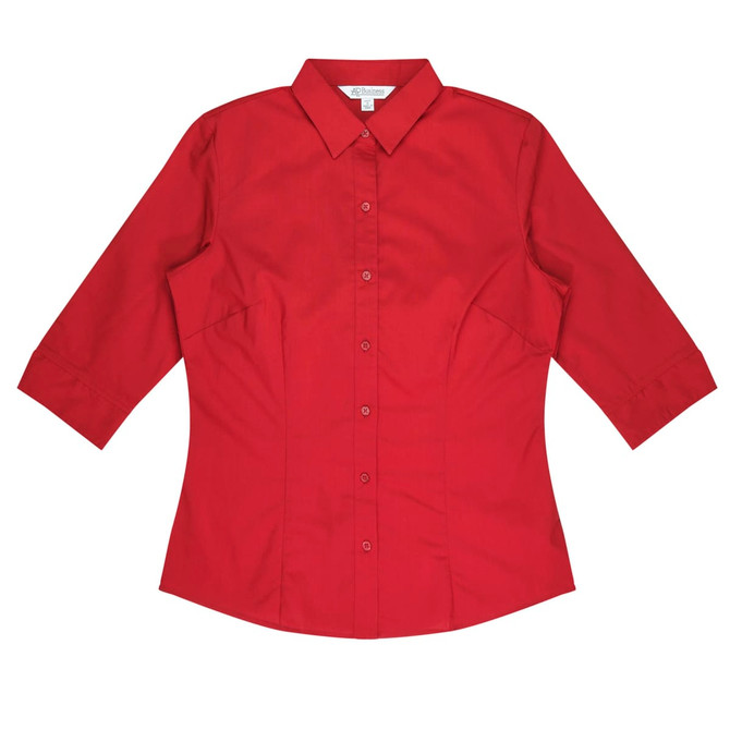 A red button-up shirt with 3/4 sleeves and a tailored fit, featuring a logo on the fabric.