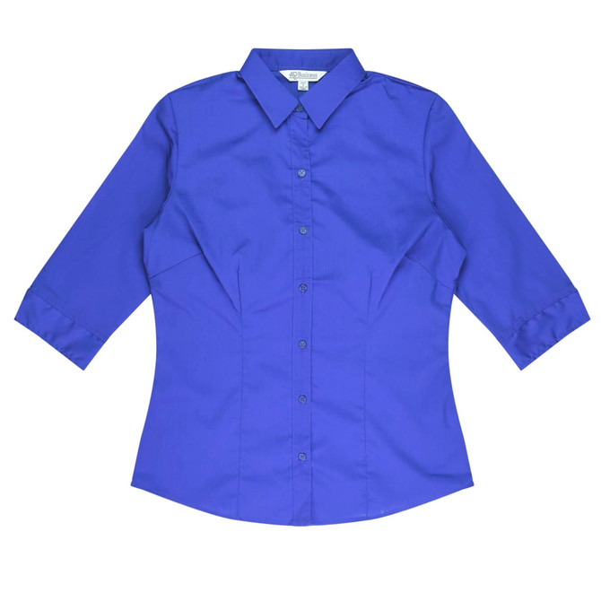 A vibrant blue button-up shirt with 3/4 sleeves, featuring a collar and a logo.
