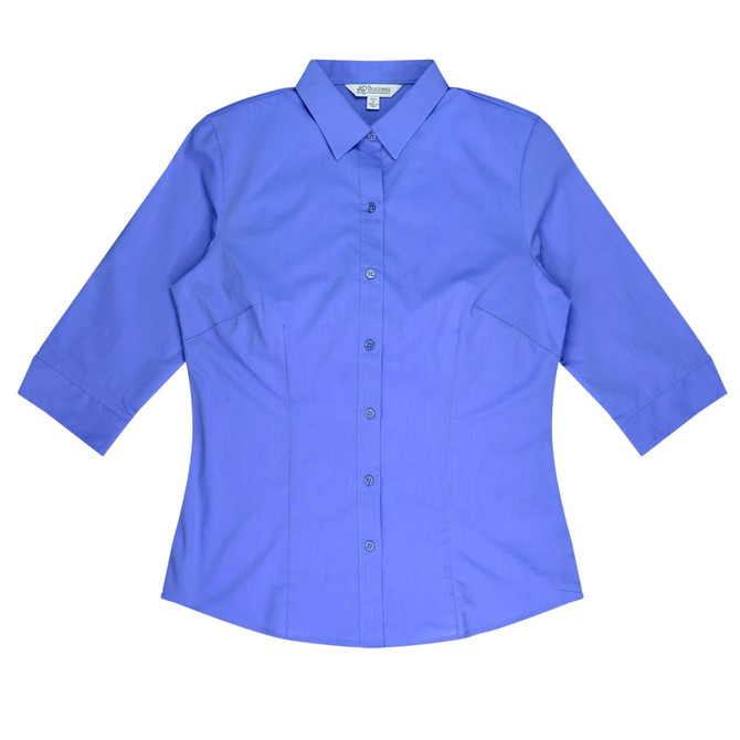 A button-up shirt in a vibrant purple with 3/4 sleeves and a fitted design. It features a collar and buttons down the front.