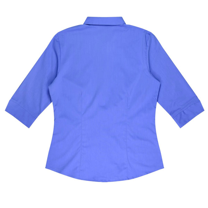 A blue 3/4 sleeve button-up shirt with a curved hem and a collar, featuring a logo.