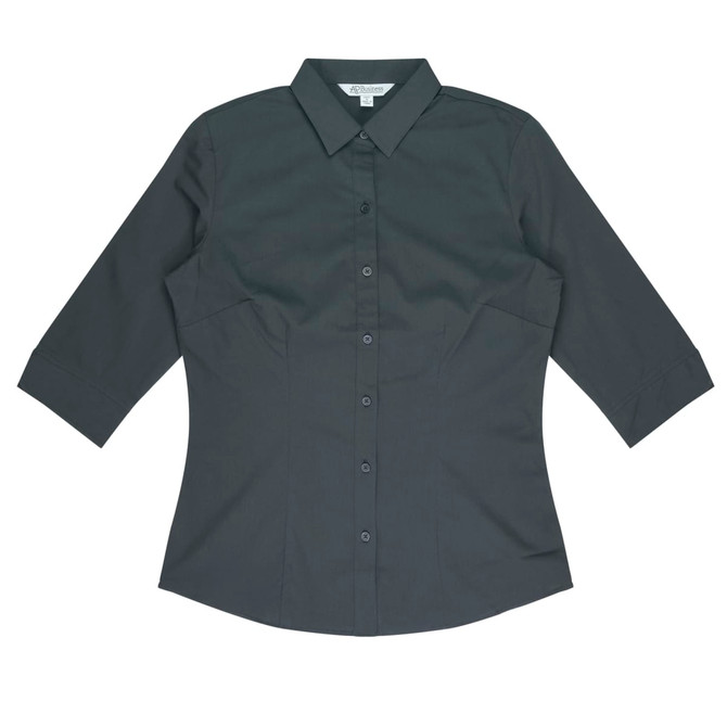A button-up shirt with 3/4 sleeves in a dark grey colour, featuring a classic collar and a fitted silhouette.