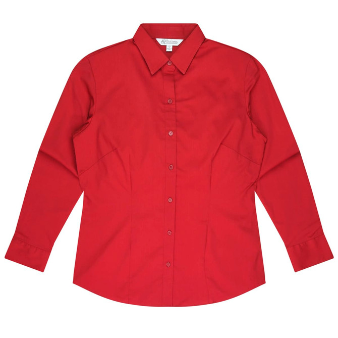 A red long-sleeve button-up shirt with a collar and an embroidered logo.