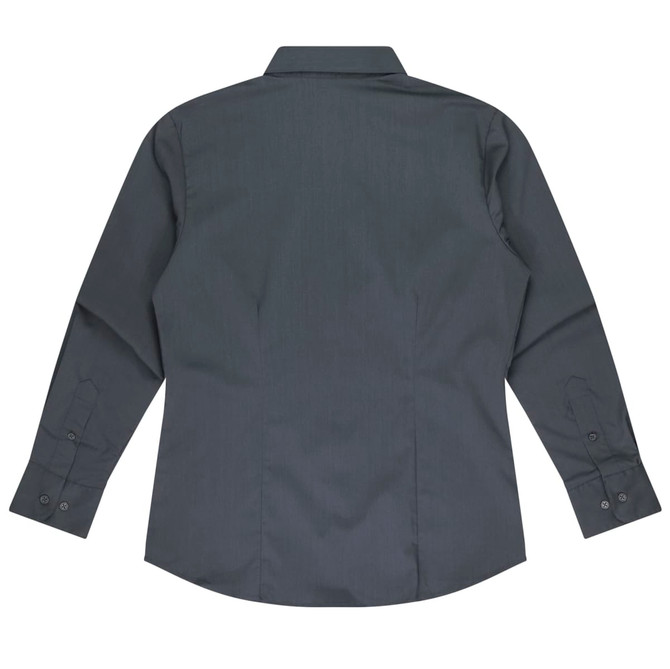 A long sleeve button-up shirt in a dark grey colour, featuring a back view and two-button cuffs. It has a logo.