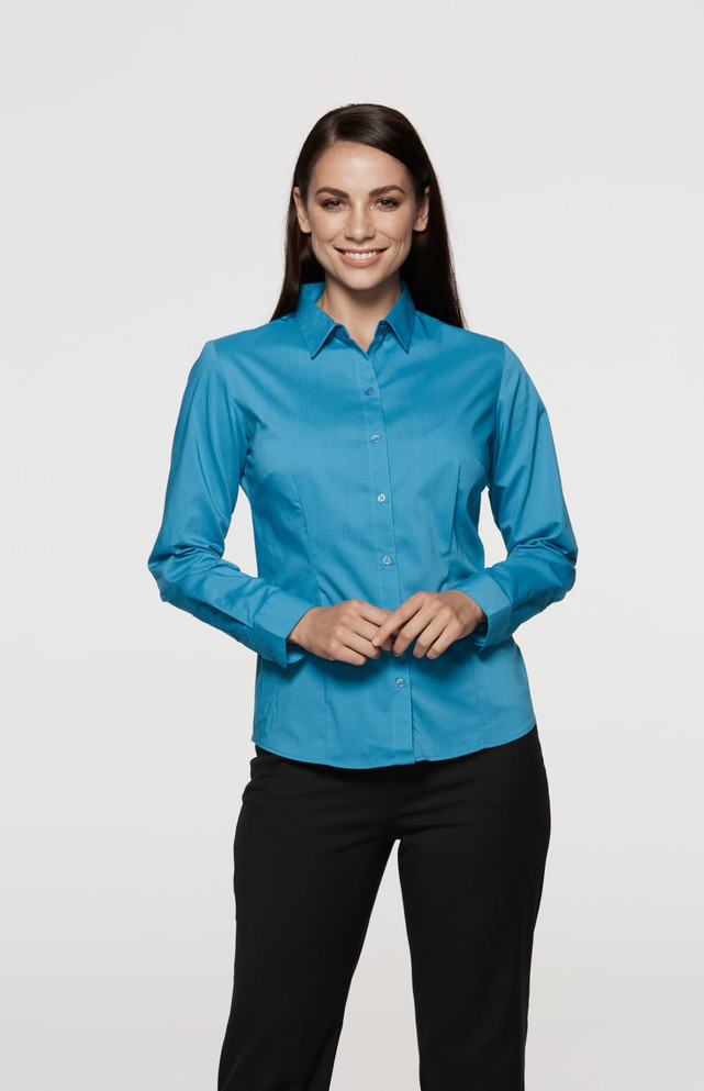 A long sleeve button-up shirt in bright blue, featuring a collar and a fitted style, accompanied by a logo.
