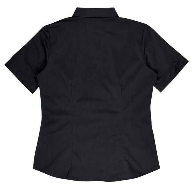 A short-sleeve, button-up shirt in black, featuring a fitted design and a back yoke, with a logo present.