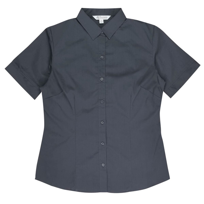 A short sleeve button-up shirt in dark grey with a collar and a logo.