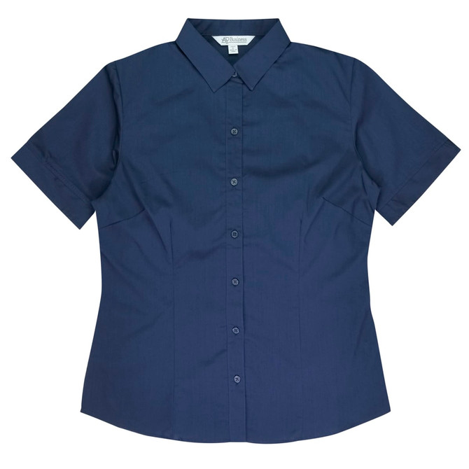 A navy short-sleeve button-up shirt with a collar and a logo.