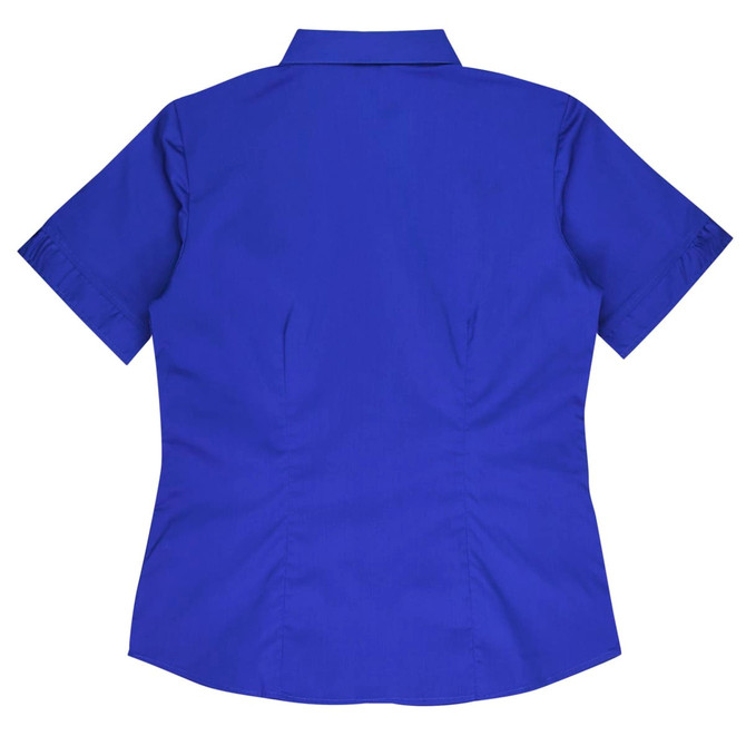 A short-sleeve button-up shirt in vibrant blue with a fitted design and a collar. Features a logo on the back.