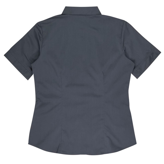 A short-sleeve button-up shirt in grey, featuring a classic collar and a fitted design at the back.